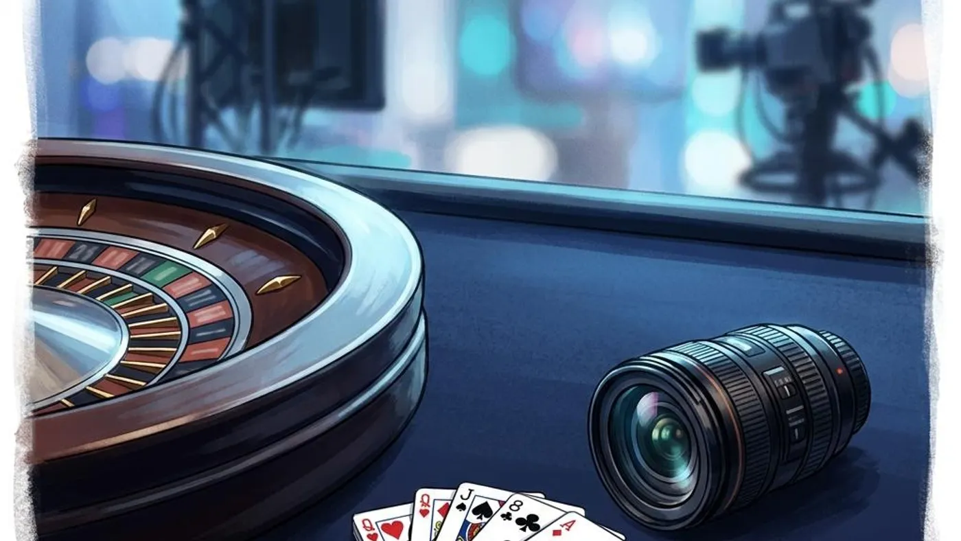 Conceptual illustration of roulette, playing cards and a camera lens representing a live casino studio
