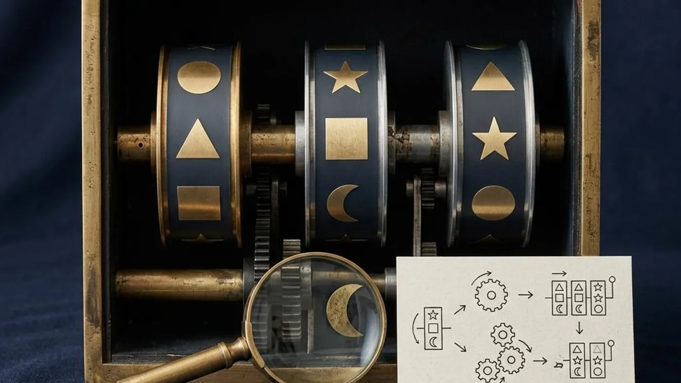 Conceptual slot reels beside a magnifying glass and game information card on a navy background
